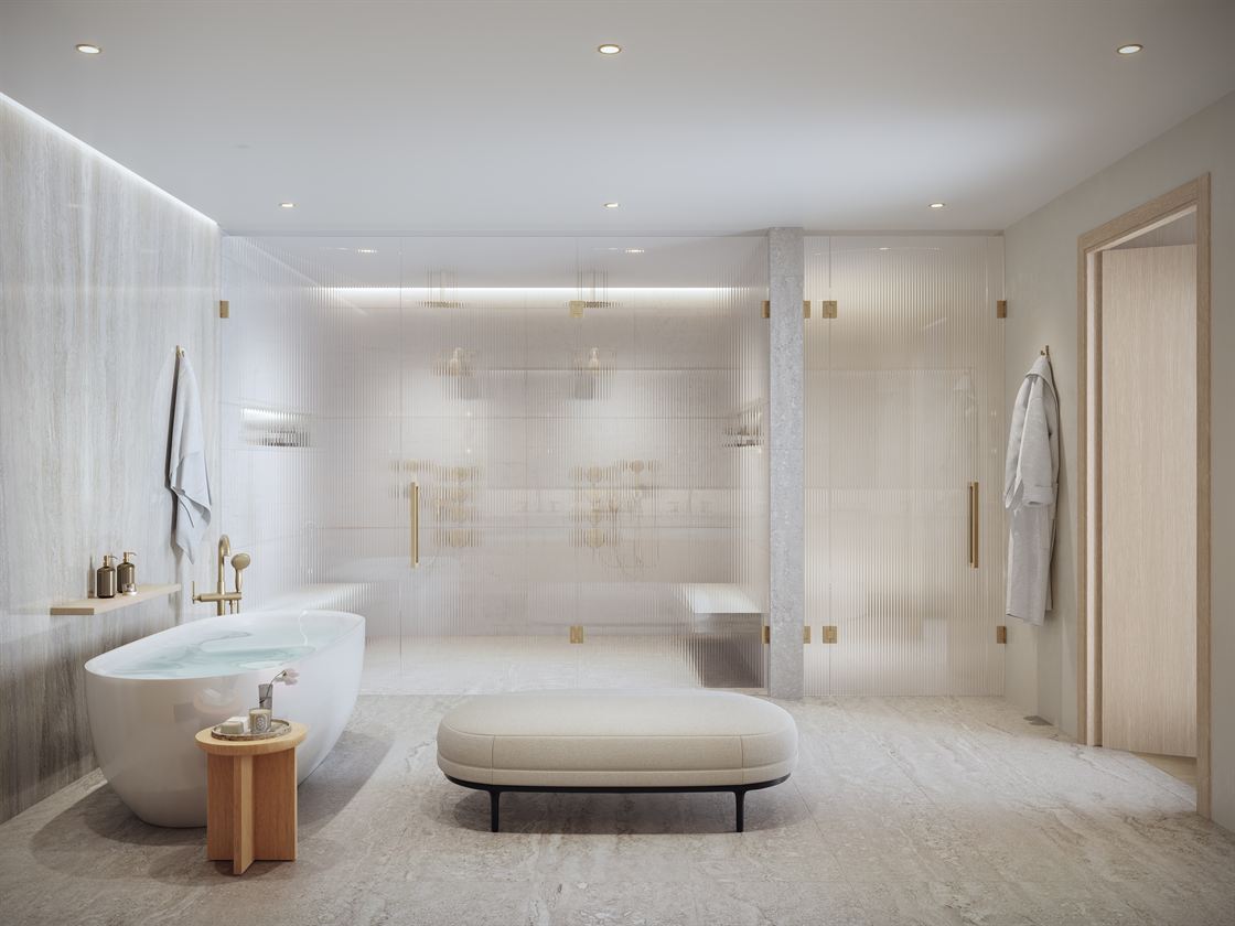 Primary bath with natural stone vanity at Ponce Park