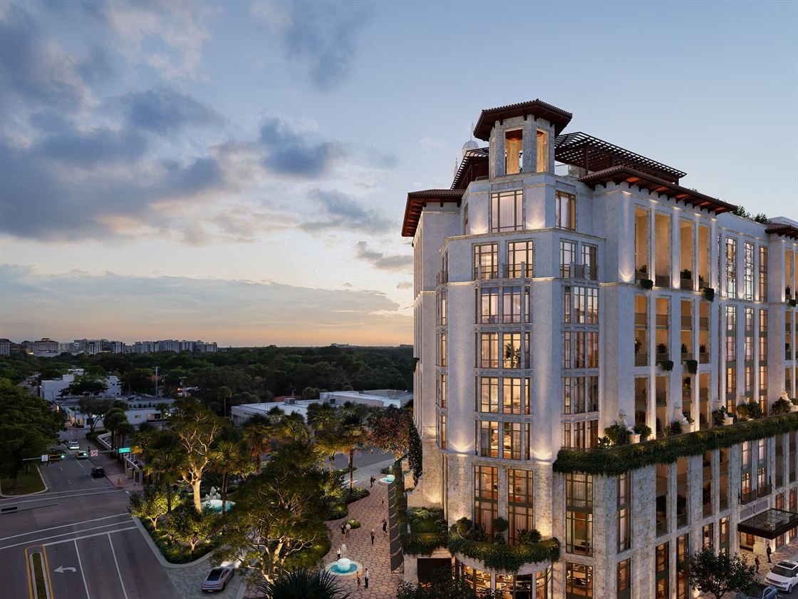 Ponce Park facade illuminated at night